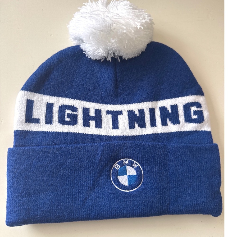 Men's rare collab cuffed pom beanie from the Tampa Bay Lightning NHL team & BMW